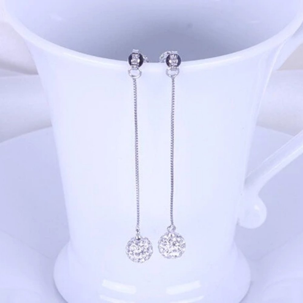 *925 Sterling Silver Diamond Ball Chain Earrings - Picture 5 of 10